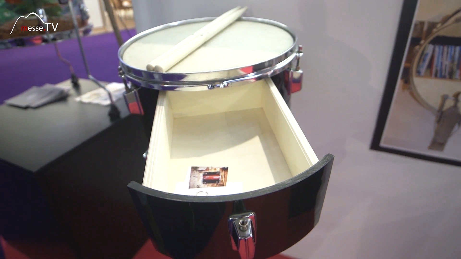 Wall shelf with drawer made from an old snare drum