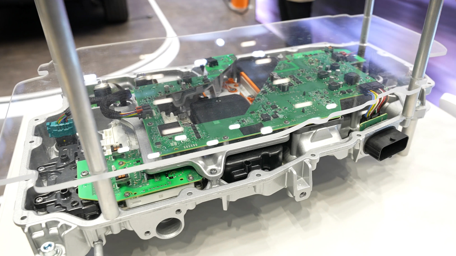 traction inverter converts the dc voltage of the car battery into rotary motion of the motor