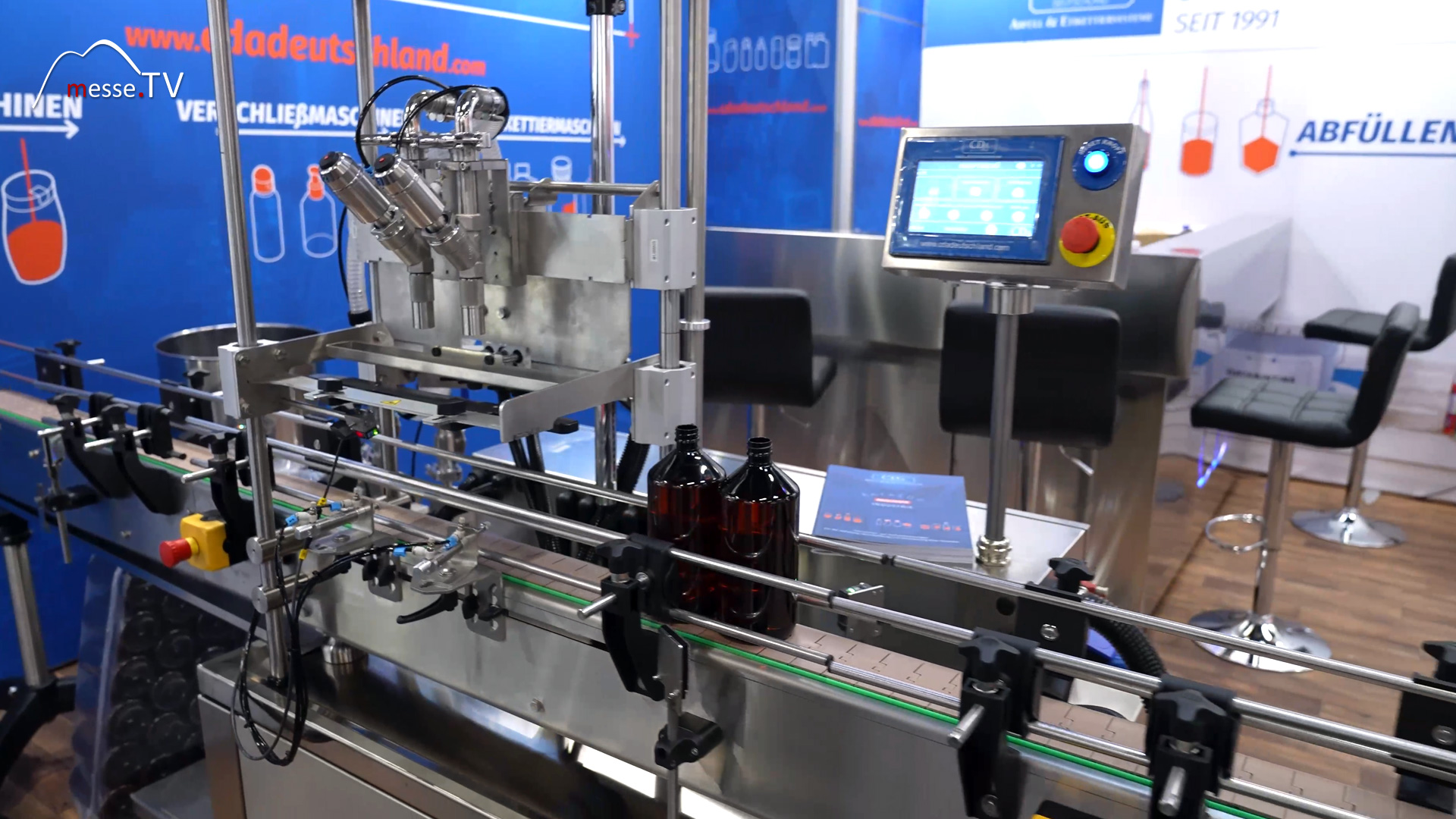 bottles are filled via filling nozzles on cda filling capping and labeling machine