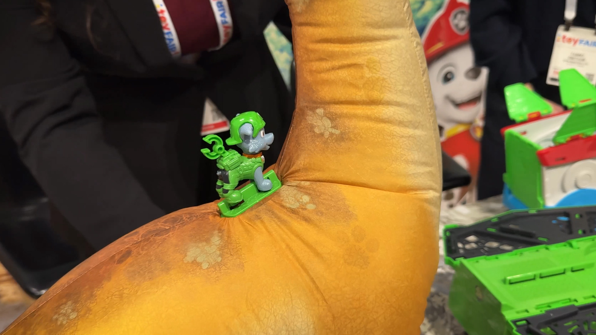 Paw Patrol play figure can be attached to inflatable dinosaur